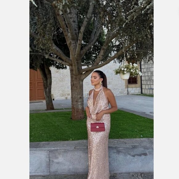 Zara Sequin Halter Maxi Dress NWT Beige Pink Size Medium - Picture 12 of 16